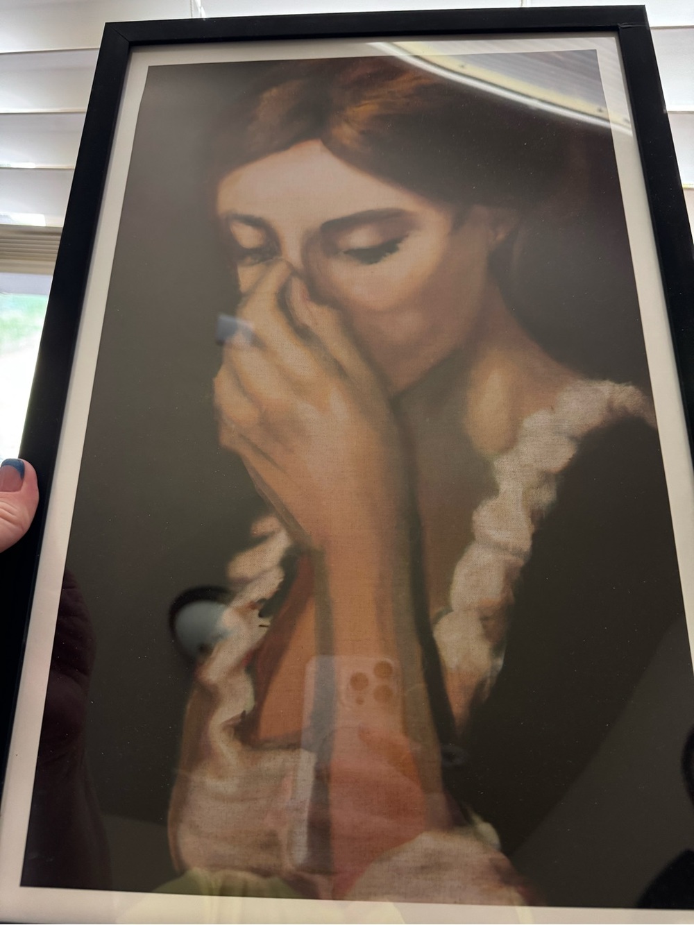 Funny Victorian Woman Holding Nose Framed Wall Art – Bathroom Decor